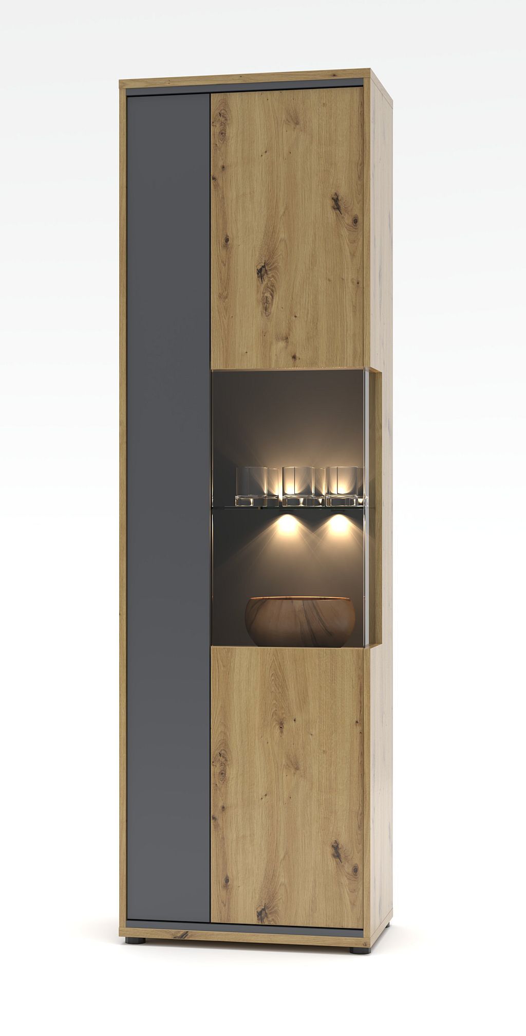 Nábytek do obývacího pokoje ANCOS I._ vitrína 40 E8 HG 01_ rozměry š/v/h_ 60/205/40 cm_ foto s dekorací_ včetně LED osvětlení_ obr. 3 Nábytek do obývacího pokoje ANCOS I._ vitrína 40 E8 HG 01_ rozměry š/v/h_ 60/205/40 cm_ foto s dekorací_ včetně LED osvětlení_ obr. 3