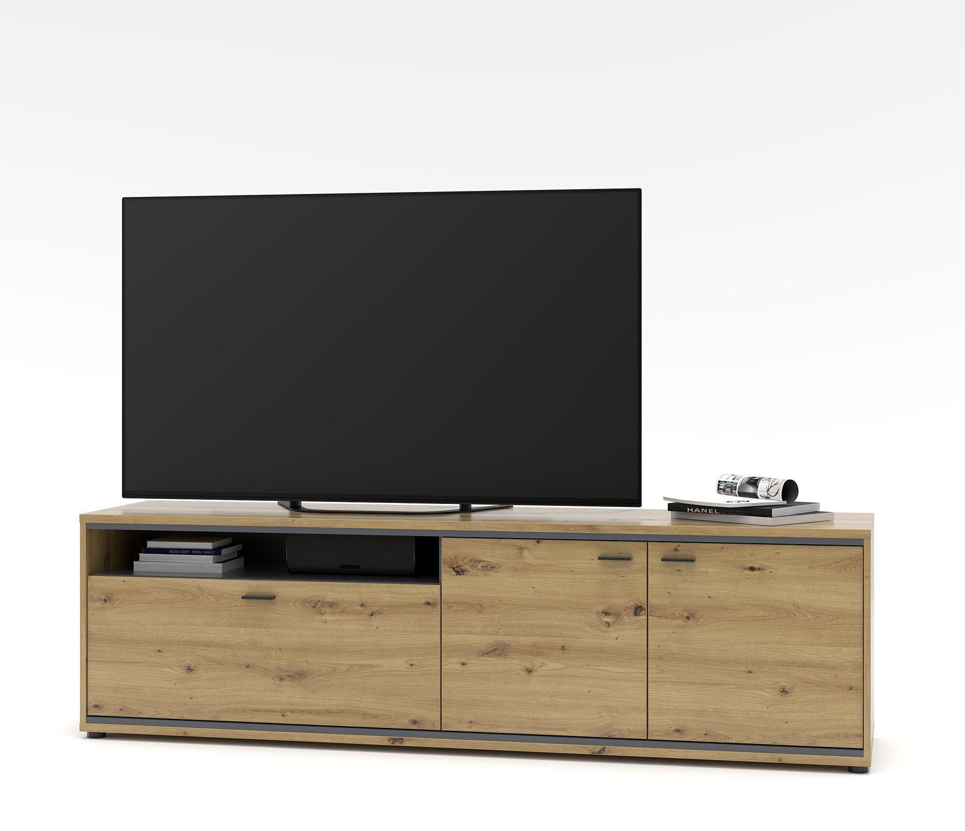 Nábytek do obývacího pokoje ANCOS I._ TV- spodní díl_ rozměry š/v/h_ 200/58/49 cm_ foto s dekorací_ obr. 5 Nábytek do obývacího pokoje ANCOS I._ TV- spodní díl_ rozměry š/v/h_ 200/58/49 cm_ foto s dekorací_ obr. 5