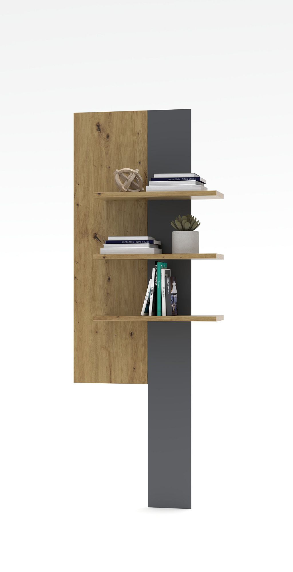 Nábytek do obývacího pokoje ANCOS I._ závěsný stěnový panel _ rozměry š/v/h_ 70/181/24 cm_ čelní pohled_ foto s dekorací_ obr. 7 Nábytek do obývacího pokoje ANCOS I._ závěsný stěnový panel _ rozměry š/v/h_ 70/181/24 cm_ čelní pohled_ foto s dekorací_ obr. 7
