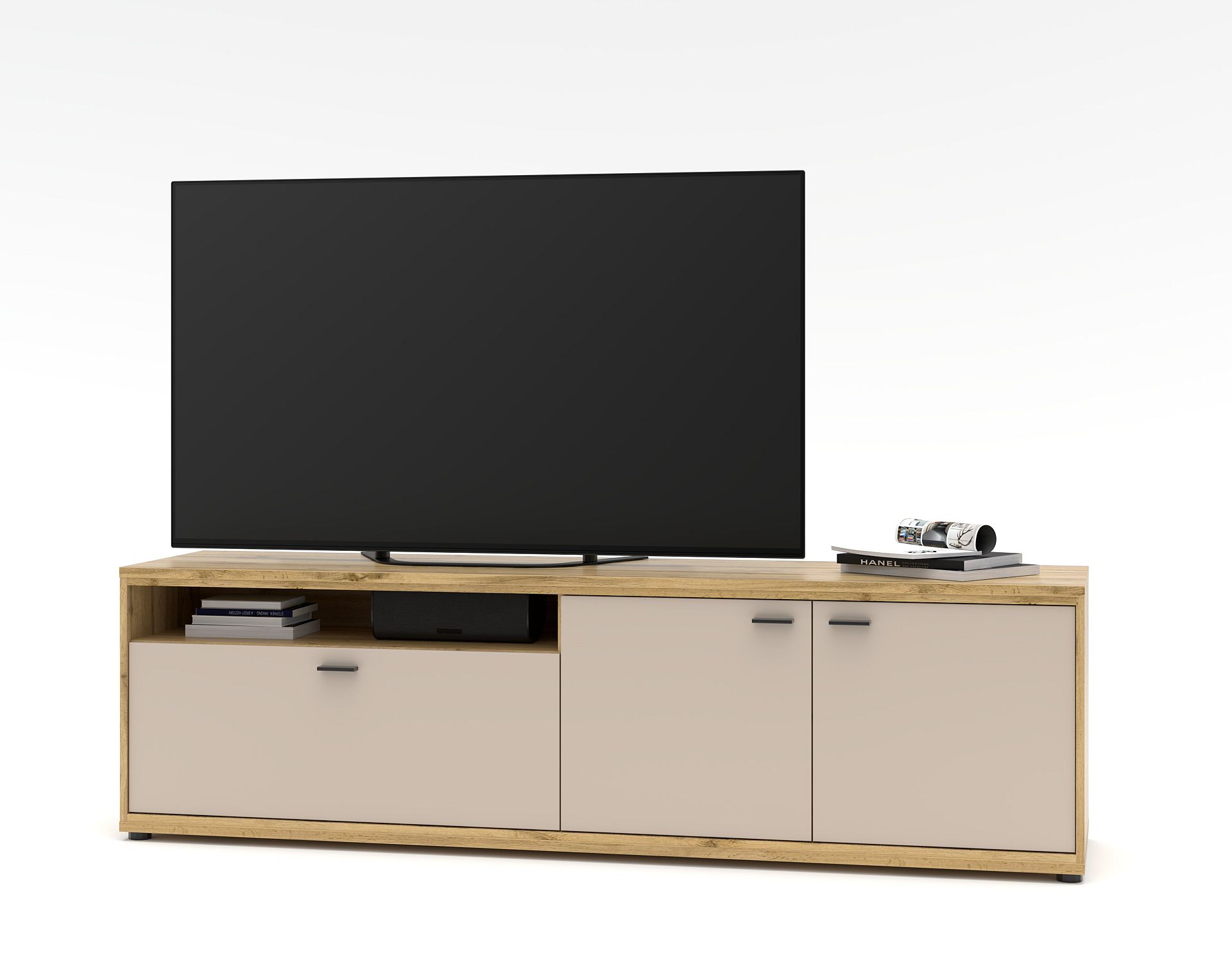 Nábytek do obývacího pokoje ANCOS II._ TV- spodní díl_ rozměry š/v/h_ 200/58/49 cm_ foto s dekorací_ obr. 5 Nábytek do obývacího pokoje ANCOS II._ TV- spodní díl_ rozměry š/v/h_ 200/58/49 cm_ foto s dekorací_ obr. 5