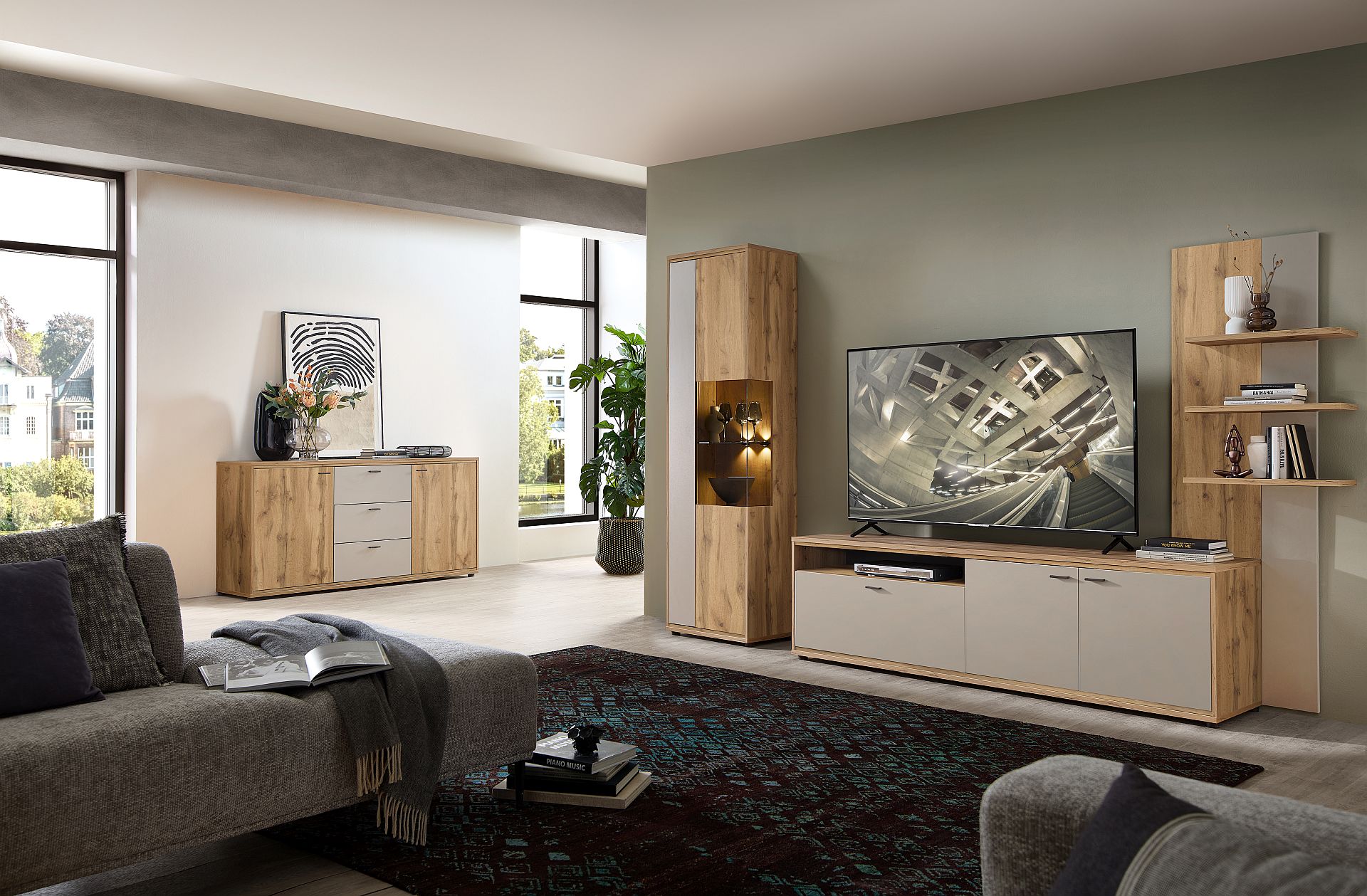 Nbytek do obvacho pokoje ANCOS II._ ob. sestava 40 E8 RM 84 + sideboard 40 E8 RM 20 _ vetn LED osvtlen_ foto s dekoracemi_ obr. 1