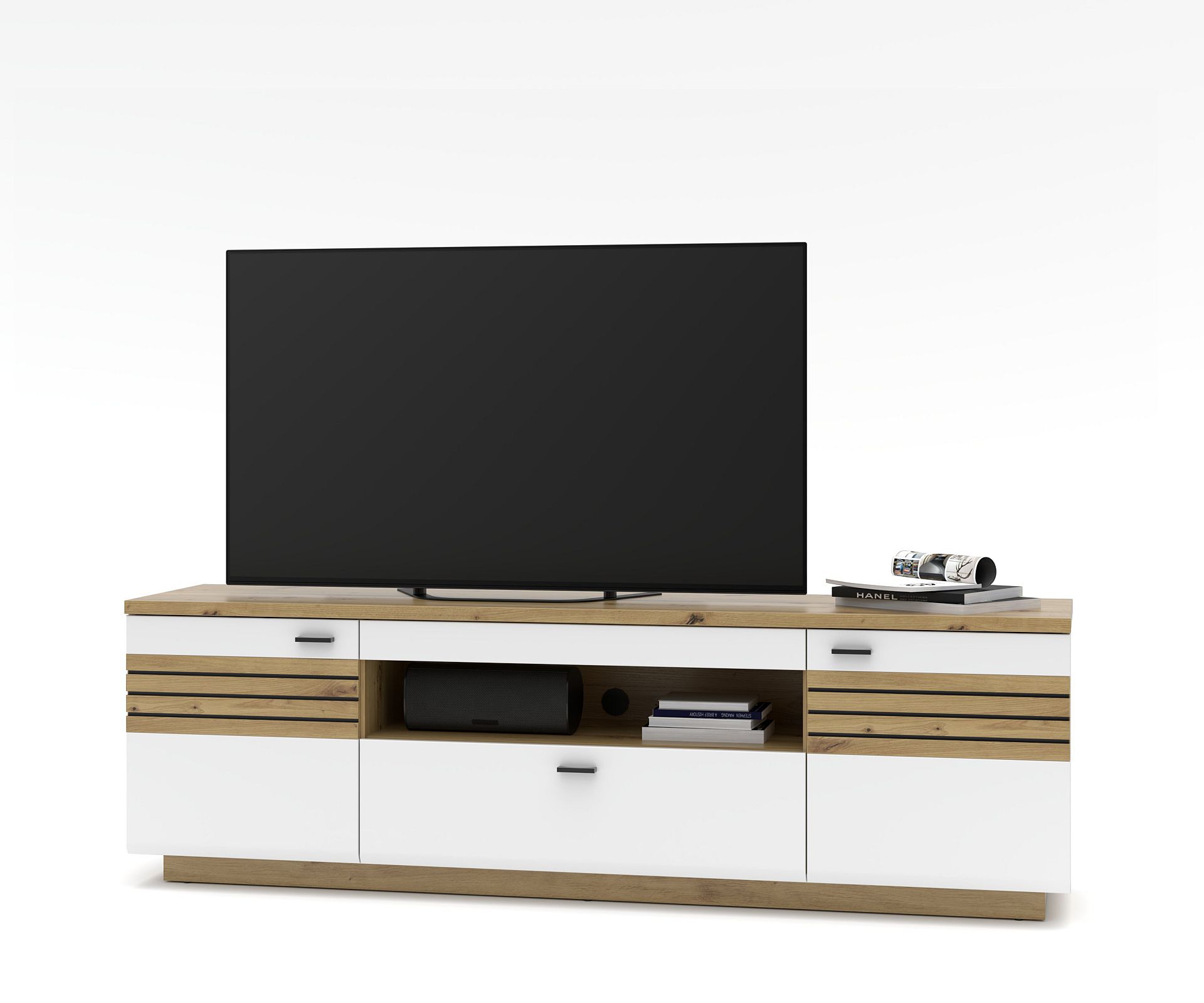 Nábytek do obývacího pokoje FREMONT_ TV- spodní díl 40 C5 HW 30_ rozměry š/v/h_ 190/59/47 cm_ čelní pohled_ foto s dekorací_ volitelné LED osvětlení_ obr. 7 Nábytek do obývacího pokoje FREMONT_ TV- spodní díl 40 C5 HW 30_ rozměry š/v/h_ 190/59/47 cm_ čelní pohled_ foto s dekorací_ volitelné LED osvětlení_ obr. 7