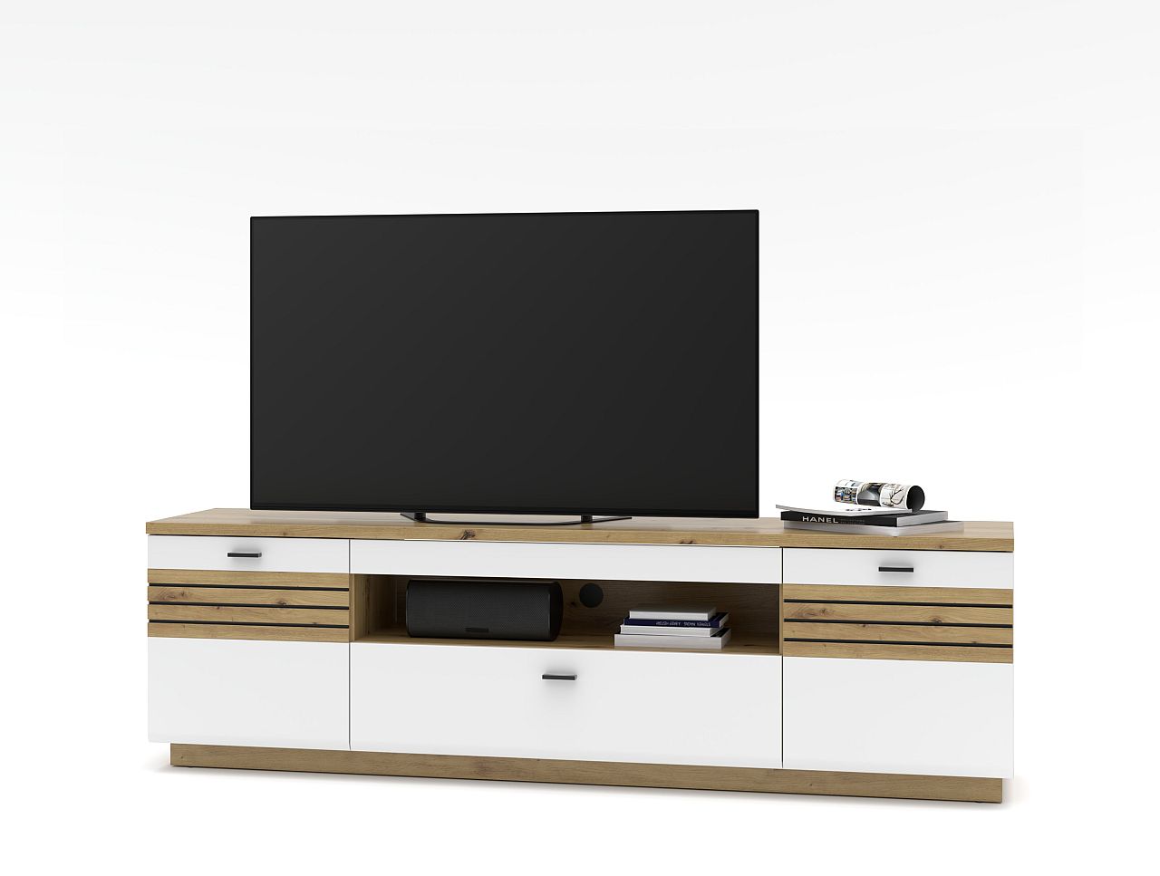 Nábytek do obývacího pokoje FREMONT_ TV-lowboard Standard 40 C5 HW 36_ rozměry š/v/h_ 200/60/47 cm_ foto s dekorací_ obr. 5 Nábytek do obývacího pokoje FREMONT_ TV-lowboard Standard 40 C5 HW 36_ rozměry š/v/h_ 200/60/47 cm_ foto s dekorací_ obr. 5