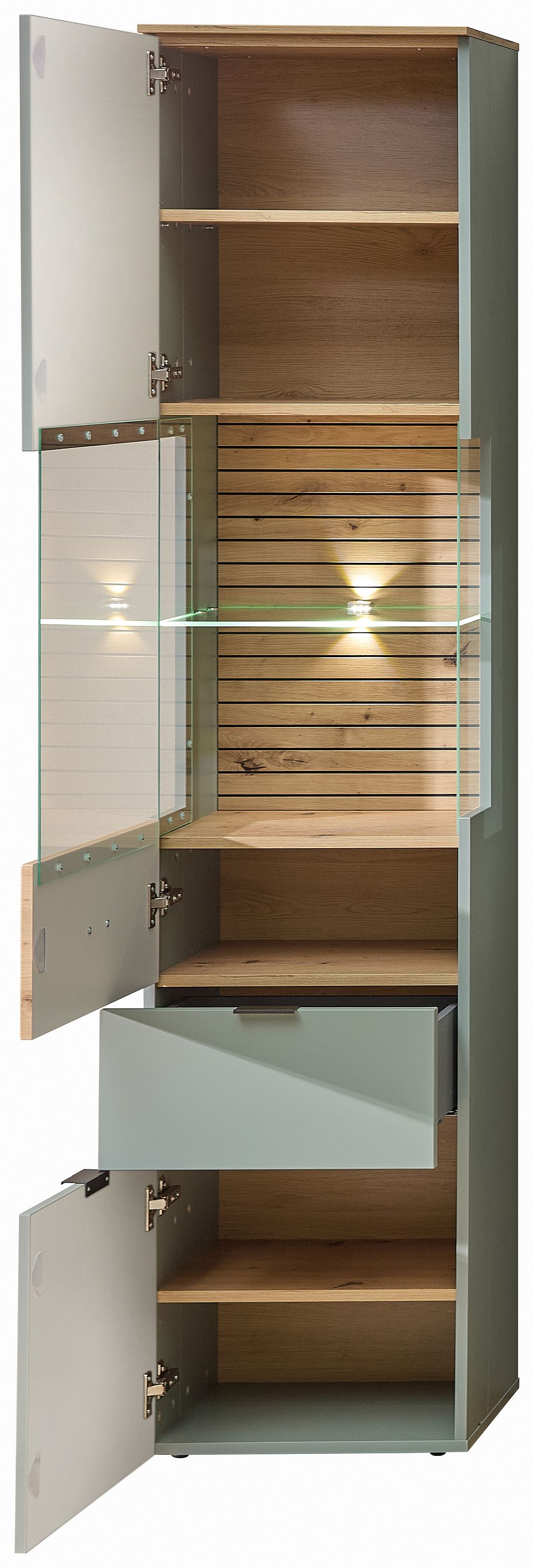 Nábytek do obývacího pokoje ALBA I._ vitrina 10 S1 99 01_ rozměry š/v/h_ 45/200/36 cm_ včetně LED osvětlení_ otevřená_ obr. 4 Nábytek do obývacího pokoje ALBA I._ vitrina 10 S1 99 01_ rozměry š/v/h_ 45/200/36 cm_ včetně LED osvětlení_ otevřená_ obr. 4