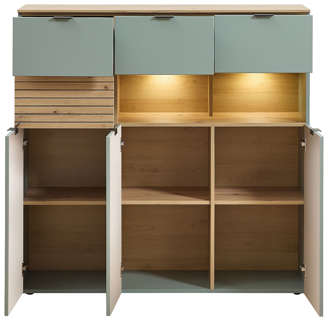 Nábytek do obývacího pokoje ALBA I._ highboard 10 S1 99 22_ rozměry š/v/h_ 125/125/45 cm_ včetně LED osvětlení_ otevřený_ obr. 15 Nábytek do obývacího pokoje ALBA I._ highboard 10 S1 99 22_ rozměry š/v/h_ 125/125/45 cm_ včetně LED osvětlení_ otevřený_ obr. 15