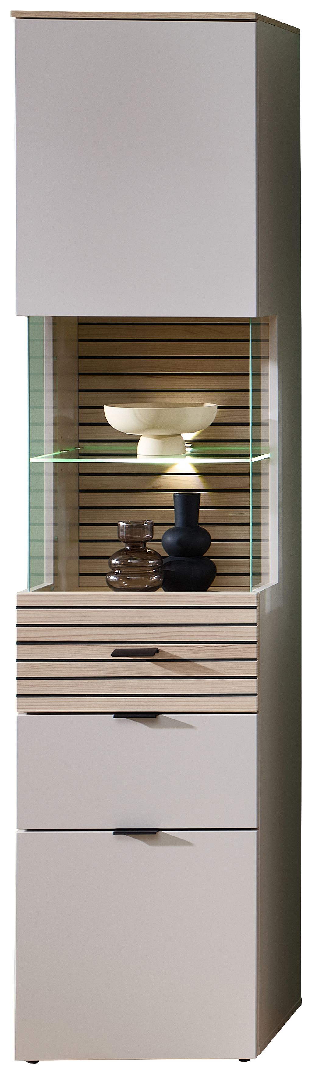 Nábytek do obývacího pokoje ALBA II._ vitrina 10 S1 RM 01_ rozměry š/v/h_ 45/200/36 cm_ včetně LED osvětlení_ foto s dekorací_ obr. 7 Nábytek do obývacího pokoje ALBA II._ vitrina 10 S1 RM 01_ rozměry š/v/h_ 45/200/36 cm_ včetně LED osvětlení_ foto s dekorací_ obr. 7