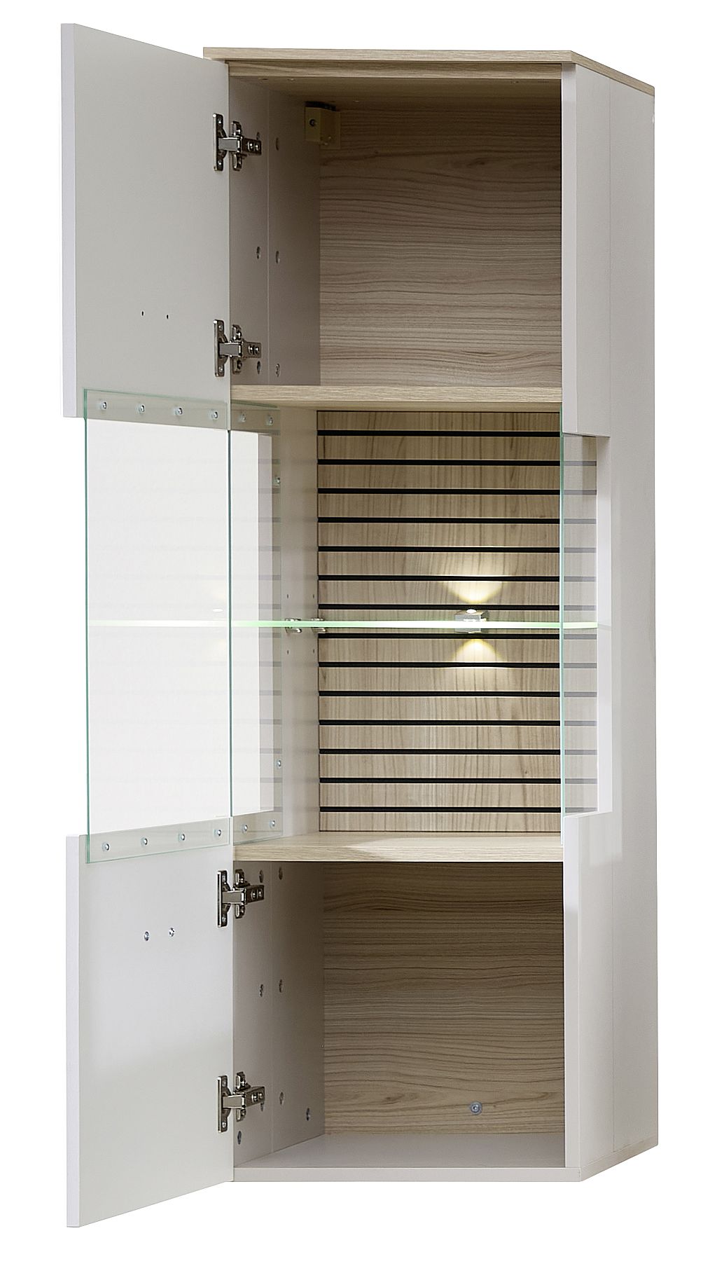 Nábytek do obývacího pokoje ALBA II._ závěsná vitrina 10 S1 RM 10_ rozměry š/v/h_ 40/124/36 cm_ včetně LED osvětlení_ otevřená_ obr. 8 Nábytek do obývacího pokoje ALBA II._ závěsná vitrina 10 S1 RM 10_ rozměry š/v/h_ 40/124/36 cm_ včetně LED osvětlení_ otevřená_ obr. 8