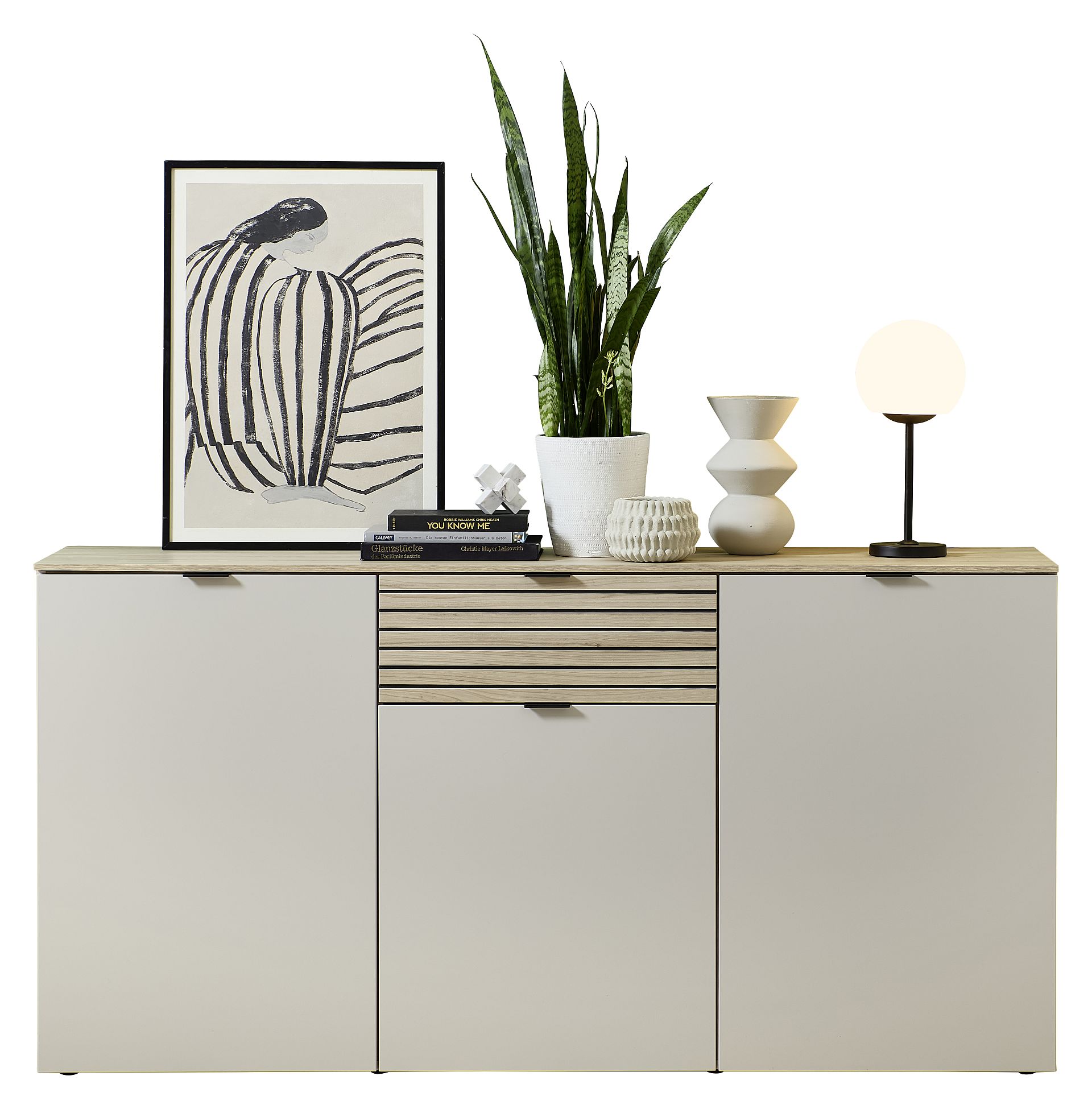 Nábytek do obývacího pokoje a jídelny ALBA II._ sideboard 10 S1 RM 20_ rozměry š/v/h_ 180/90/45 cm_ včetně LED osvětlení_ foto s dekorací_ obr. 5 Nábytek do obývacího pokoje a jídelny ALBA II._ sideboard 10 S1 RM 20_ rozměry š/v/h_ 180/90/45 cm_ včetně LED osvětlení_ foto s dekorací_ obr. 5