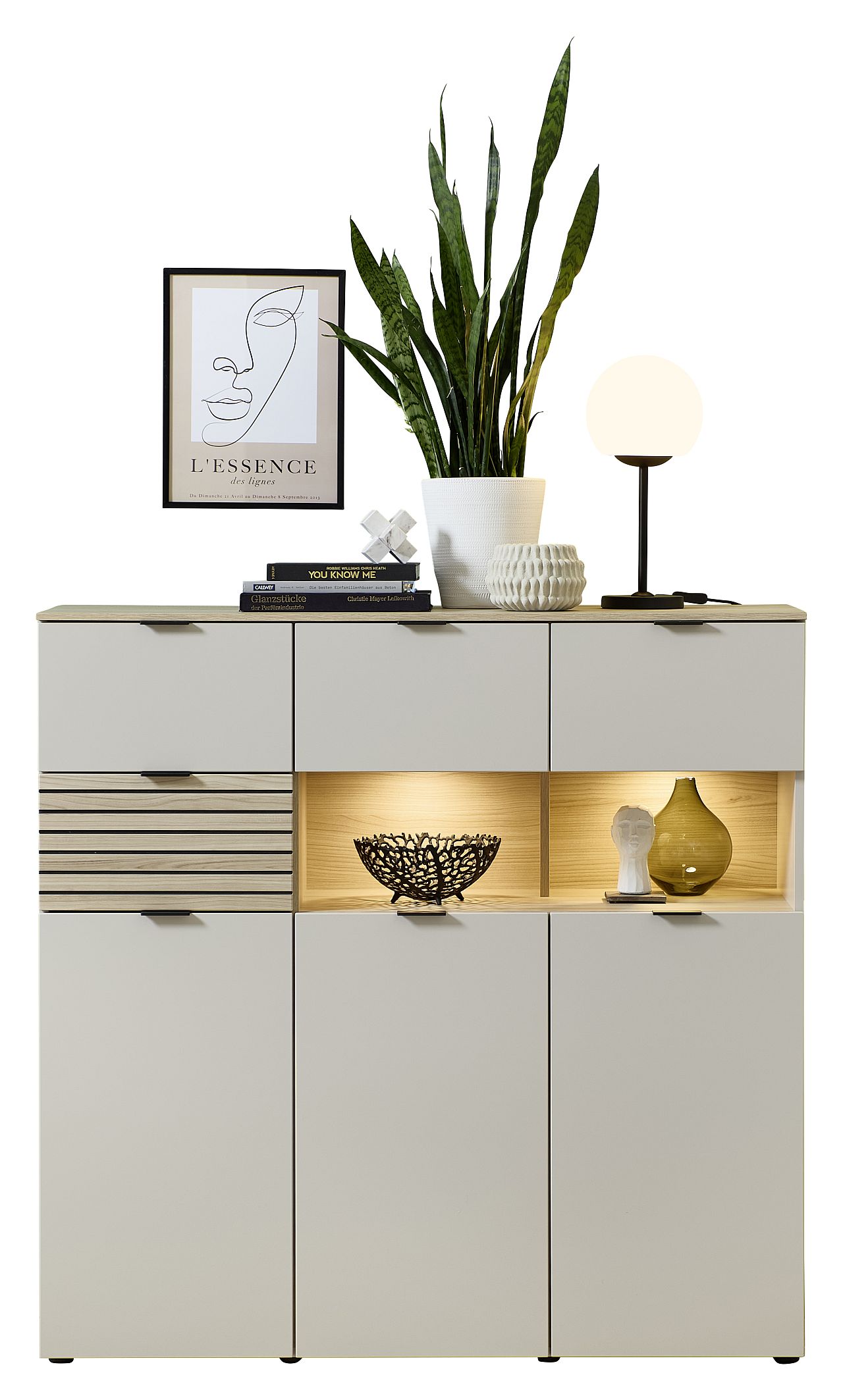 Nábytek do obývacího pokoje a jídelny ALBA II._ highboard 10 S1 RM 22_ rozměry š/v/h_ 125/125/45 cm_ včetně LED osvětlení_ foto s dekorací_ obr. 9 Nábytek do obývacího pokoje a jídelny ALBA II._ highboard 10 S1 RM 22_ rozměry š/v/h_ 125/125/45 cm_ včetně LED osvětlení_ foto s dekorací_ obr. 9