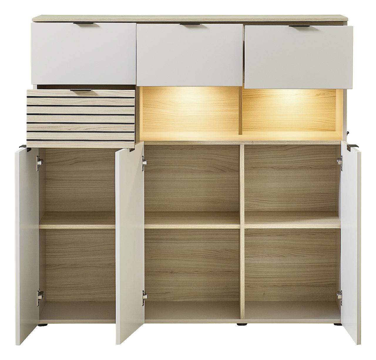 Nábytek do obývacího pokoje a jídelny ALBA II._ highboard 10 S1 RM 22_ rozměry š/v/h_ 125/125/45 cm_ včetně LED osvětlení_ otevřený_ obr. 10 Nábytek do obývacího pokoje a jídelny ALBA II._ highboard 10 S1 RM 22_ rozměry š/v/h_ 125/125/45 cm_ včetně LED osvětlení_ otevřený_ obr. 10
