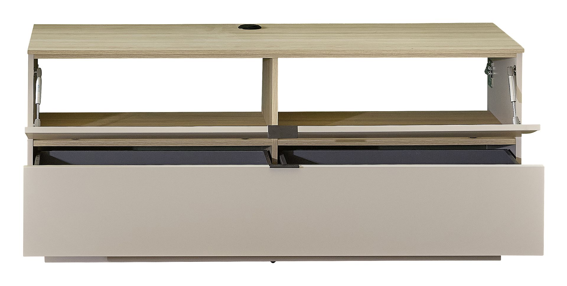 Nábytek do obývacího pokoje ALBA II._ spodní díl 10 S1 RM 30_ rozměry š/v/h_ 140/51/44 cm_ volitelná závěsná varianta bez soklu nebo stojící varianta se soklem_ otevřený_ obr. 8 Nábytek do obývacího pokoje ALBA II._ spodní díl 10 S1 RM 30_ rozměry š/v/h_ 140/51/44 cm_ volitelná závěsná varianta bez soklu nebo stojící varianta se soklem_ otevřený_ obr. 8