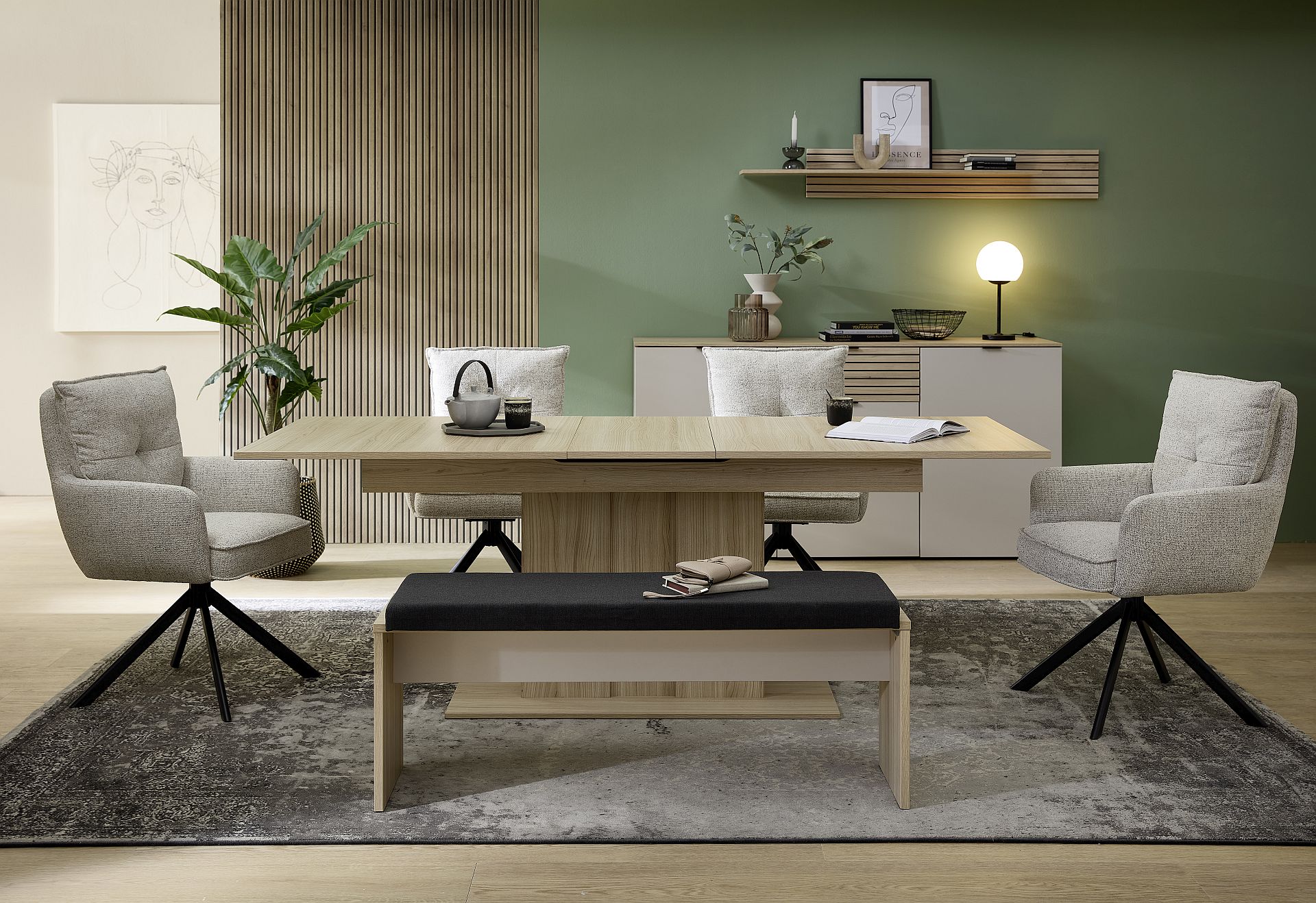 Nábytek do obývacího pokoje a jídelny ALBA II._ sestava "dining room 2"_ typy 20+40+20 S1 RM 04+20 S1 RM 03_ jídelní křesla nejsou součástí sestavy_ foto s dekoracemi_ jídelní stůl rozložený-220 cm_ obr. 2 Nábytek do obývacího pokoje a jídelny ALBA II._ sestava "dining room 2"_ typy 20+40+20 S1 RM 04+20 S1 RM 03_ jídelní křesla nejsou součástí sestavy_ foto s dekoracemi_ jídelní stůl rozložený-220 cm_ obr. 2