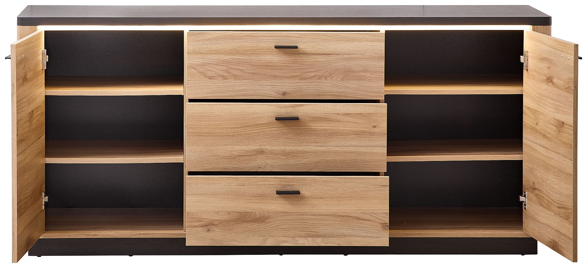 Nábytek do obývacího pokoje a jídelny COLEÉ_ sideboard 10 S2 HZ 20_ rozměry š/v/h_ 185/84/48 cm_ včetně LED osvětlení_ otevřený_ obr. 5 Nábytek do obývacího pokoje a jídelny COLEÉ_ sideboard 10 S2 HZ 20_ rozměry š/v/h_ 185/84/48 cm_ včetně LED osvětlení_ otevřený_ obr. 5