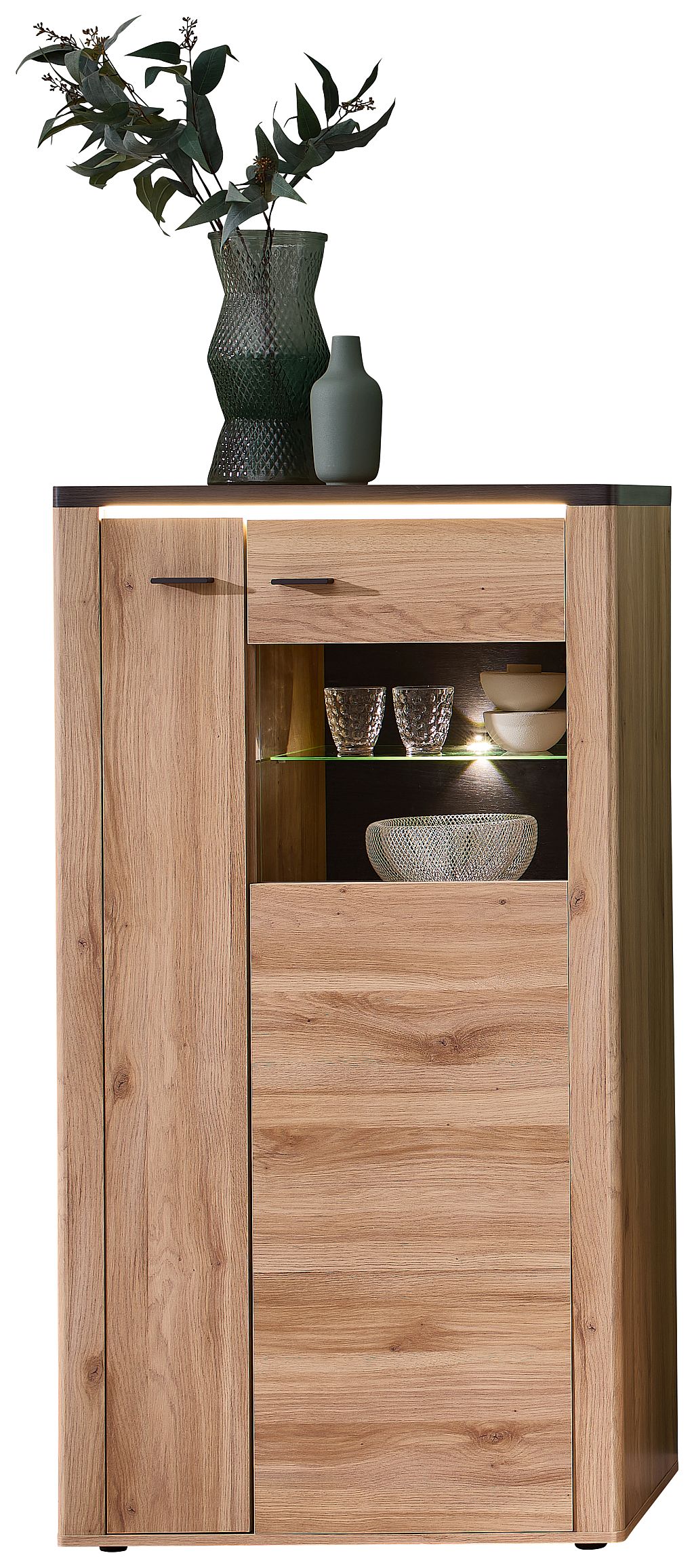 Nábytek do obývacího pokoje COLEÉ_ highboard 10 S2 HZ 21_ rozměry š/v/h_ 80/146/38 cm_ včetně LED osvětlení_ foto s dekorací_ obr. 5 Nábytek do obývacího pokoje COLEÉ_ highboard 10 S2 HZ 21_ rozměry š/v/h_ 80/146/38 cm_ včetně LED osvětlení_ foto s dekorací_ obr. 5