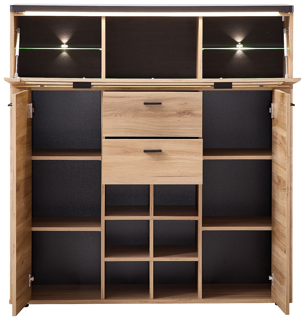 Nábytek do obývacího pokoje a jídelny COLEÉ_ highboard 10 S2 HZ 22_ rozměry š/v/h_ 130/132/38 cm_ včetně LED osvětlení_ otevřený_ obr. 11 Nábytek do obývacího pokoje a jídelny COLEÉ_ highboard 10 S2 HZ 22_ rozměry š/v/h_ 130/132/38 cm_ včetně LED osvětlení_ otevřený_ obr. 11