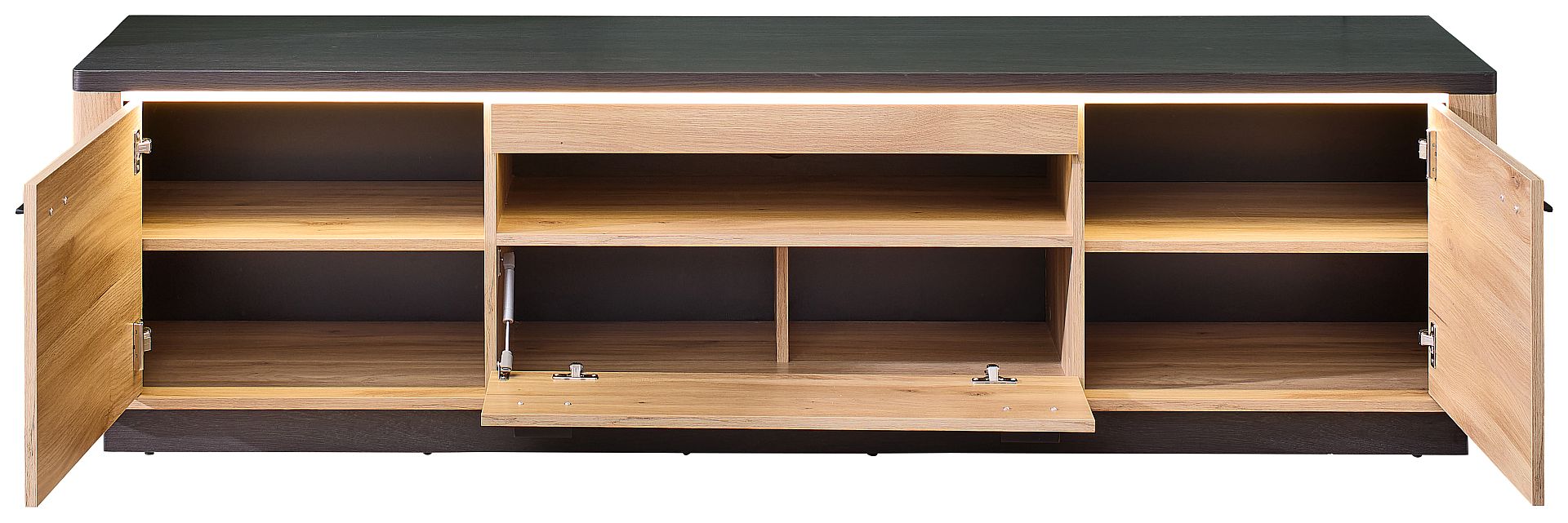 Nábytek do obývacího pokoje COLEÉ_ spodní díl 10 S2 HZ 30_ rozměry š/v/h_ 200/57/48 cm_ včetně LED osvětlení_ otevřený_ obr. 9 Nábytek do obývacího pokoje COLEÉ_ spodní díl 10 S2 HZ 30_ rozměry š/v/h_ 200/57/48 cm_ včetně LED osvětlení_ otevřený_ obr. 9
