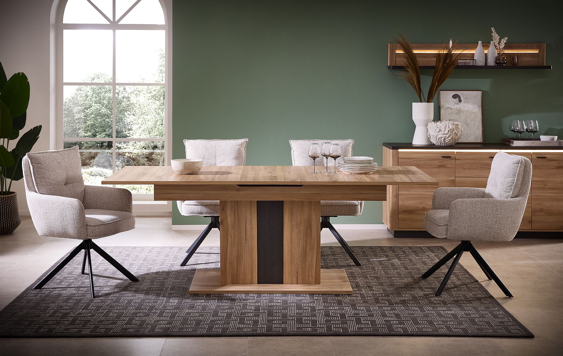 Nábytek do obývacího pokoje a jídelny COLEÉ "dining room"_ jídelní stůl + sideboard + závěsná police_ včetně LED osvětlení_ foto s dekoracemi_ jídelní křesla nejsou součástí sestavy_ jídelní stůl rozložený 220 cm_ obr. 2 Nábytek do obývacího pokoje a jídelny COLEÉ "dining room"_ jídelní stůl + sideboard + závěsná police_ včetně LED osvětlení_ foto s dekoracemi_ jídelní křesla nejsou součástí sestavy_ jídelní stůl rozložený 220 cm_ obr. 2