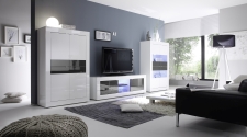 BASICO_obývací pokoj_bílý lak, vysoký lesk / antracit lak, vysoký lesk_highboard + TV-element 181 cm + vitrina 4dv.