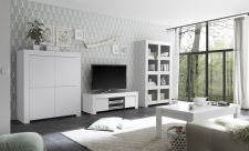 Volná sestava elementů CASTELLO bílý matný lak_ highboard 4-dv. + TV-element + regál + konf. stůl_obr. 6 Volná sestava elementů CASTELLO bílý matný lak_ highboard 4-dv. + TV-element + regál + konf. stůl_obr. 6