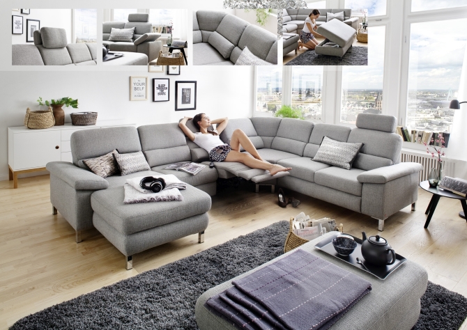 Sedac souprava SAMANTHA 1002_sestava Longchair-1sed-1sed-segment. roh-2sed s funkc WALL FREE_v ltce Cosima silver_foto s nhledy_obr. 1